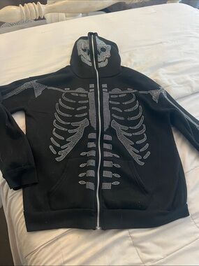 Black Zip-Up Hoodie with Rhinestone Skeleton Design unisex